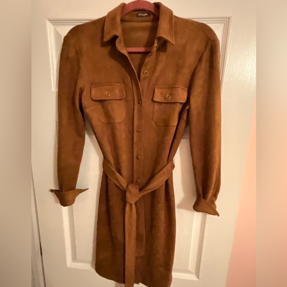 J.Mclaughlin Haarlem Faux Suede Brown, Tie Waist, Button Front Shirt Dress, XS